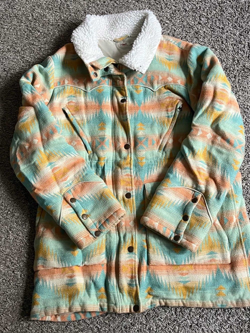 Faherty Bluegrass Blanket Jacket Aztec Golden Field Print Fleece Trim Medium